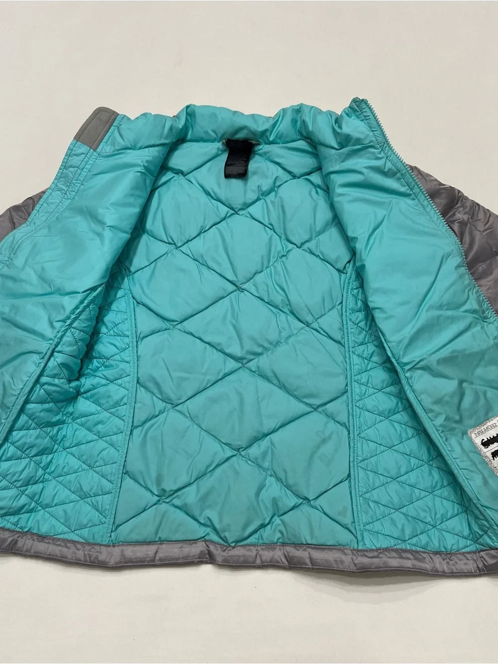 The North Face 550 Goose Down Puffer Quilted Winter Jacket Girls Med Silver/Teal